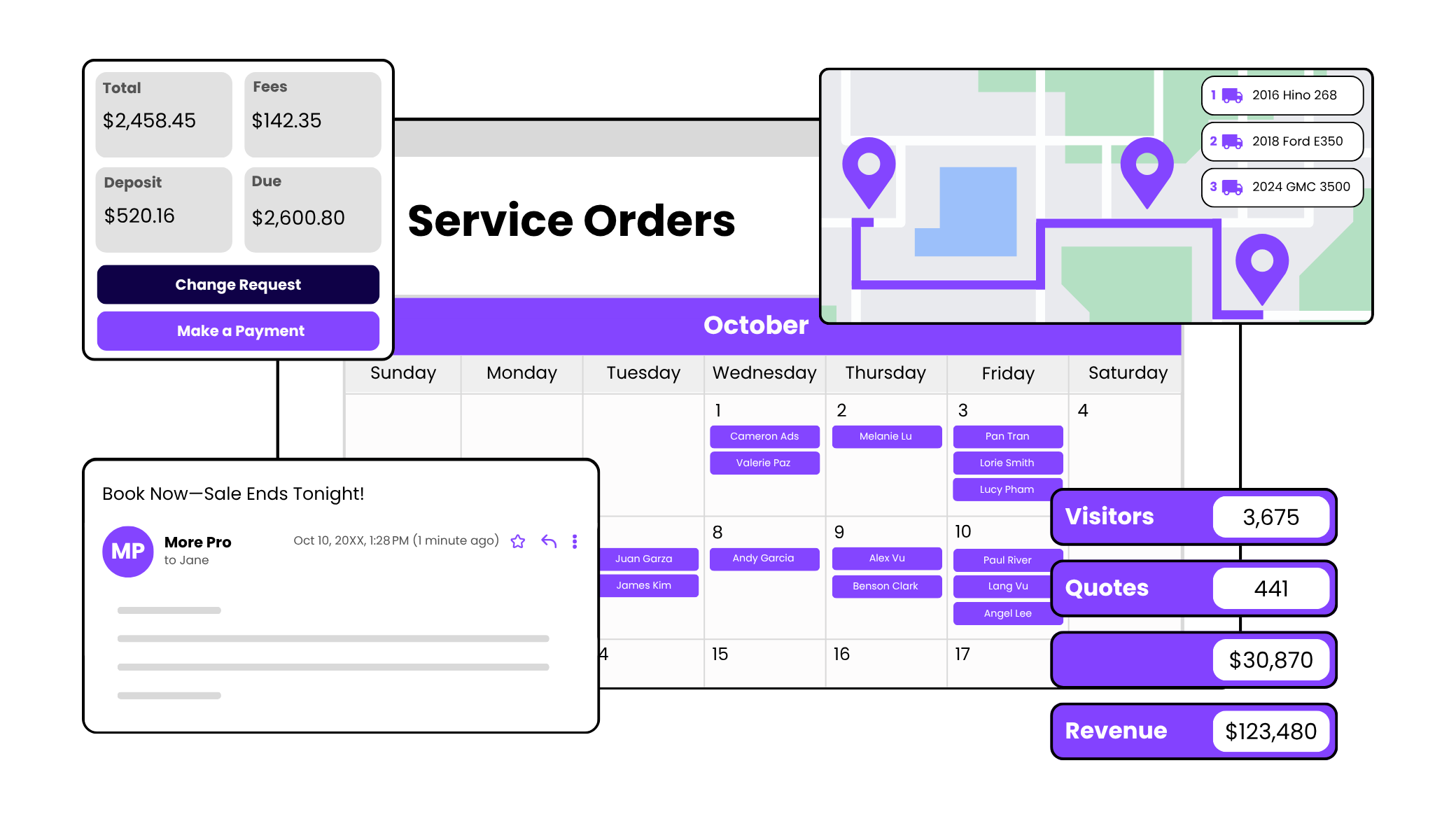 Rent More Pro service orders, scheduling, routing, messaging, quotes, and revenue dashboard widgets